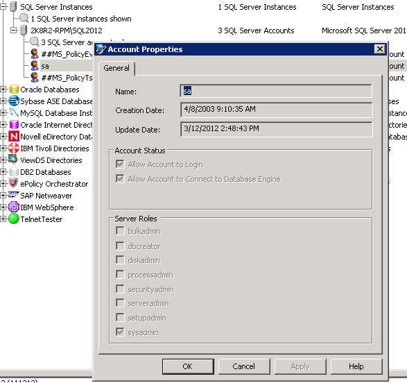 ERPM automatically discovers SQL 2012 accounts in the database. ERPM automatically discovers SQL 2012 accounts in the database.
