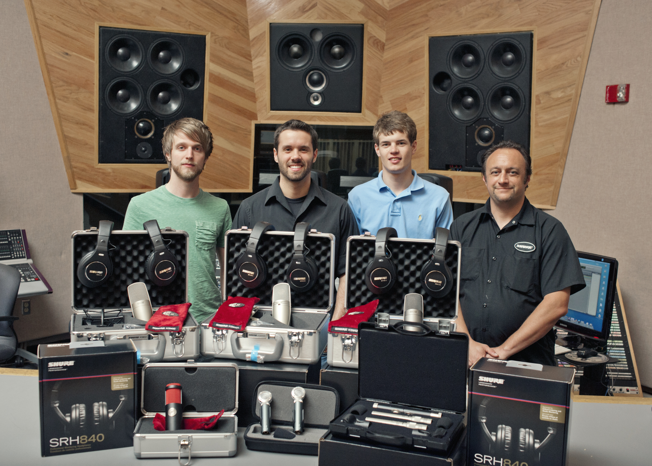 The winning team of Shure's Eighth Annual Fantastic Scholastic Recording Competition: Middle Tennessee State University students Taylor Bray, Jeff Braun, and Grant Hartford, with faculty advisor Associate Professor Michael Fleming The winning team of Shure's Eighth Annual Fantastic Scholastic Recording Competition: Middle Tennessee State University students Taylor Bray, Jeff Braun, and Grant Hartford, with faculty advisor Associate Professor Michael Fleming