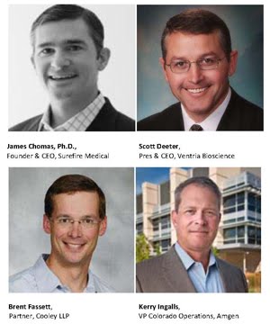 New CBSA director appointments include James Chomas, Ph.D., Founder & CEO, Surefire Medical; Scott Deeter, President & CEO, Ventria Bioscience; Brent Fassett, Partner, Cooley LLP; and Kerry Ingalls, Vice President of Colorado Operations, Amgen. New CBSA director appointments include James Chomas, Ph.D., Founder & CEO, Surefire Medical; Scott Deeter, President & CEO, Ventria Bioscience; Brent Fassett, Partner, Cooley LLP; and Kerry Ingalls, Vice President of Colorado Operations, Amgen.