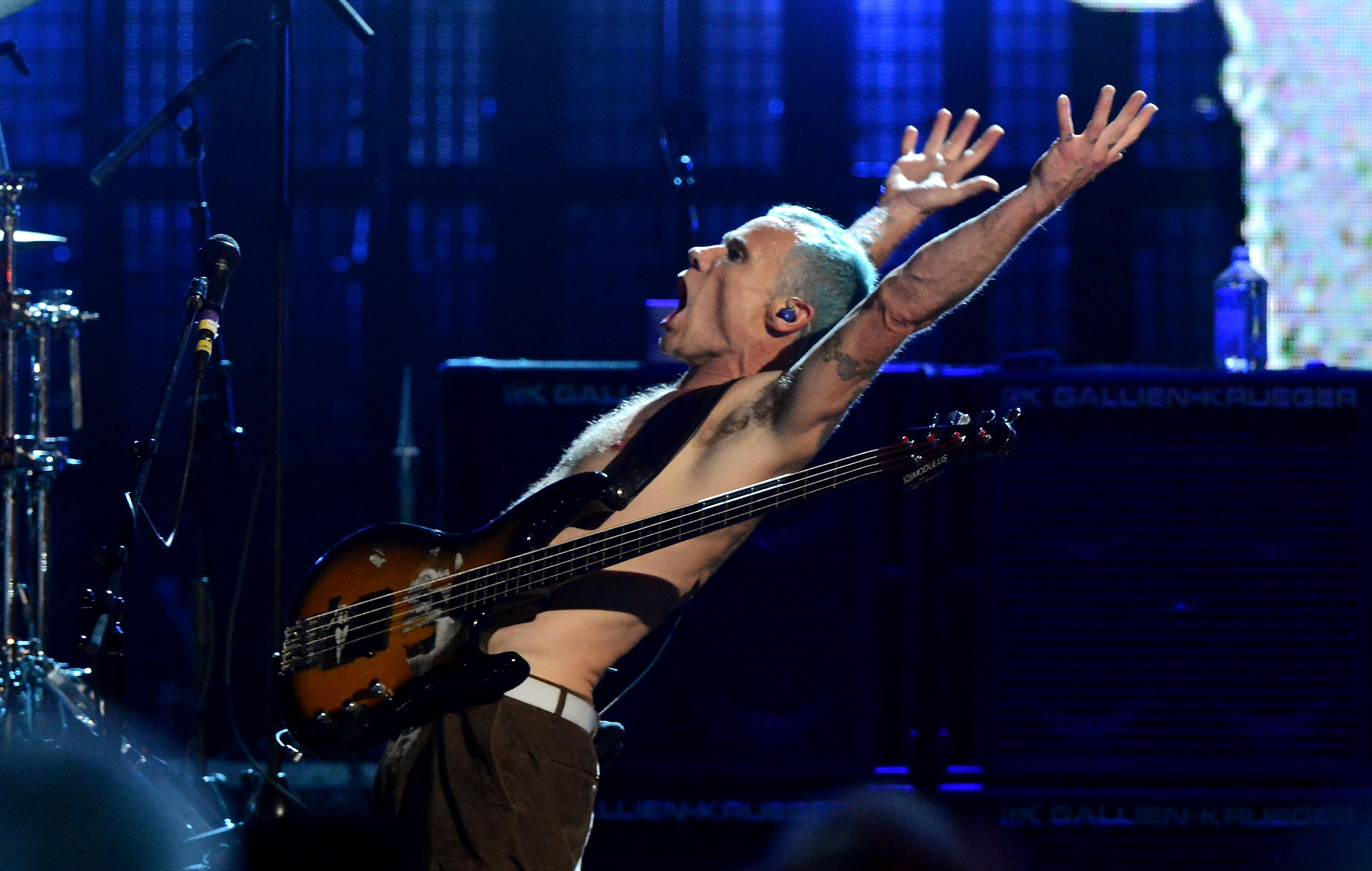 CLEVELAND, OH - APRIL 14: Inductee Flea, of the Red Hot Chili Peppers, performs on stage at the 27th Annual Rock And Roll Hall Of Fame Induction Ceremony at Public Hall on April 14, 2012 in Cleveland, Ohio. (Photo by Jeff Kravitz/FilmMagic) CLEVELAND, OH - APRIL 14: Inductee Flea, of the Red Hot Chili Peppers, performs on stage at the 27th Annual Rock And Roll Hall Of Fame Induction Ceremony at Public Hall on April 14, 2012 in Cleveland, Ohio. (Photo by Jeff Kravitz/FilmMagic)