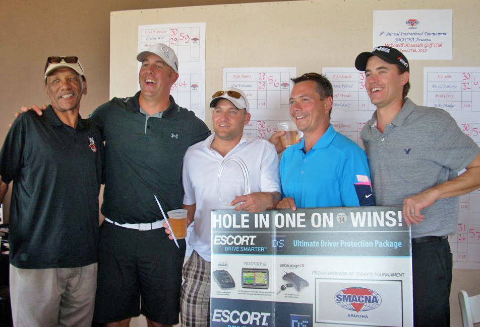 Pictured are: (l-r) Former NFL standout Larry Walton, Brad Hoeder, John Pearson, Greg Wille and John Krhin made up the winning team at the SMACNA's Ninth Annual Invitational Golf Tournament. Wille made a hole-in-one on the 14th hole at McDowell Mountain. Pictured are: (l-r) Former NFL standout Larry Walton, Brad Hoeder, John Pearson, Greg Wille and John Krhin made up the winning team at the SMACNA's Ninth Annual Invitational Golf Tournament. Wille made a hole-in-one on the 14th hole at McDowell Mountain.