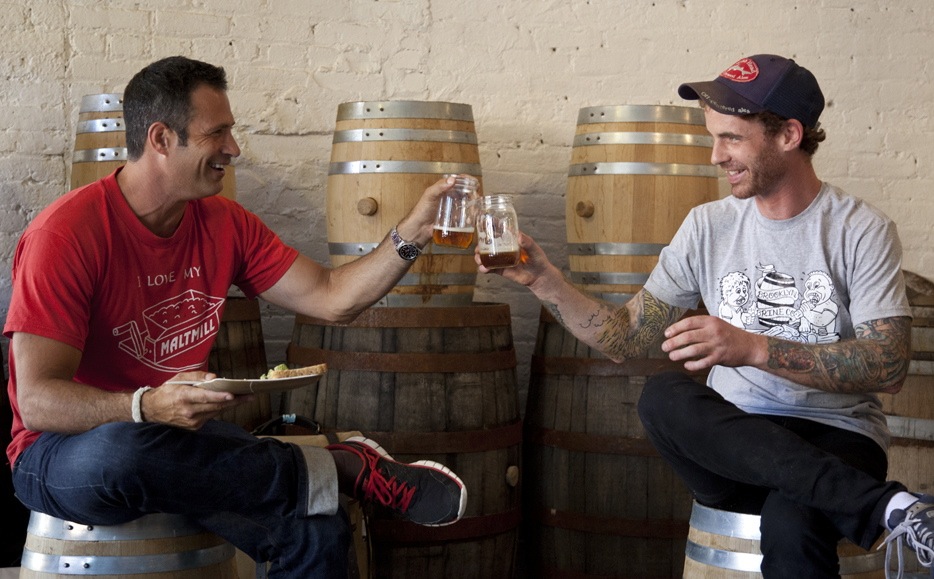 Dogfish Head's Sam Calagione and Brooklyn Brine's Shamus Jones raise a toast to the Hop-Pickle. Dogfish Head's Sam Calagione and Brooklyn Brine's Shamus Jones raise a toast to the Hop-Pickle.