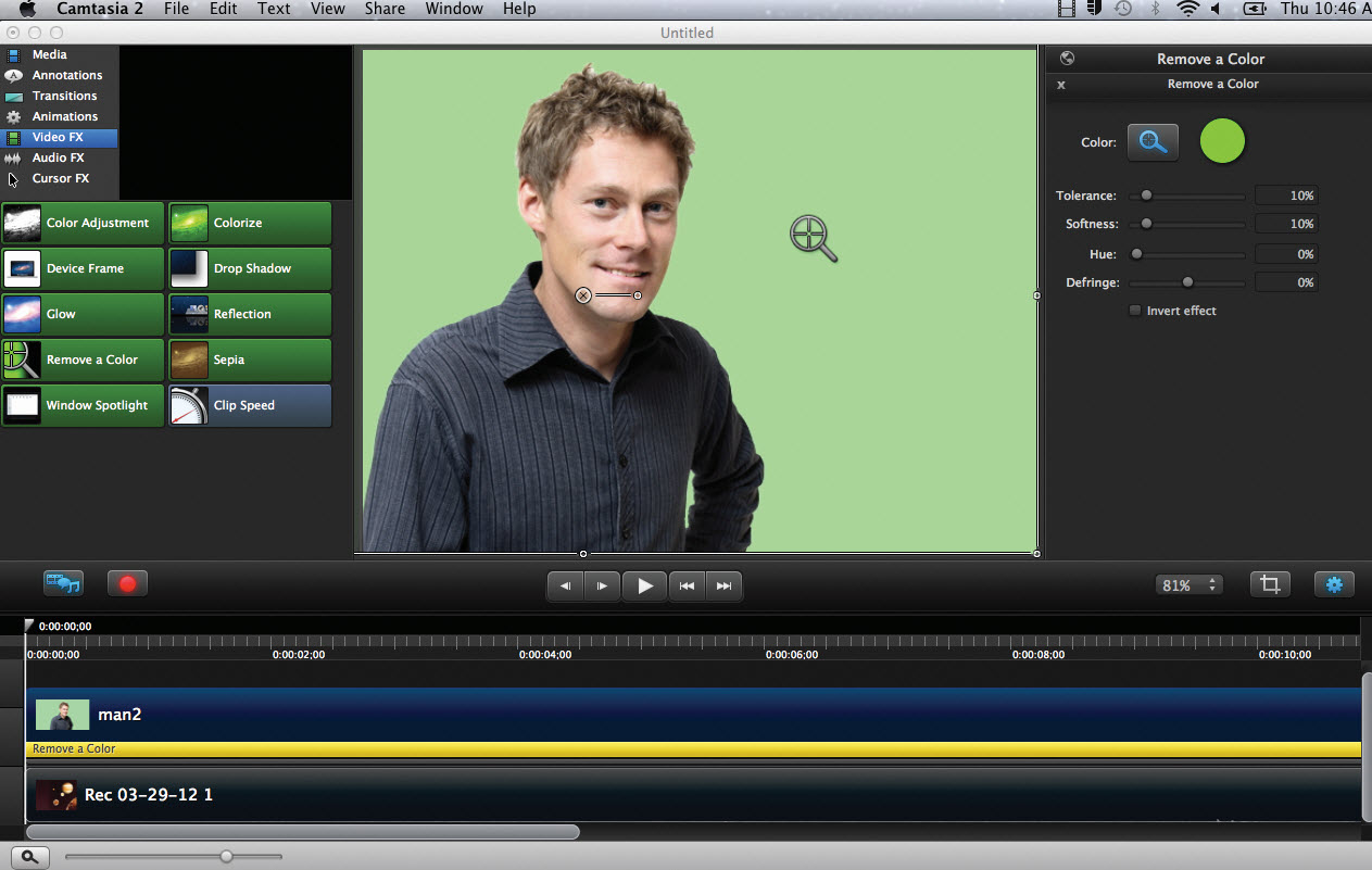 Remove A Color (Chroma Key/Green Screen) provides users with more options to adjust video coloring, including the ability to create a green screen effect, removing any color from video to achieve transparency just like meteorologists on television Remove A Color (Chroma Key/Green Screen) provides users with more options to adjust video coloring, including the ability to create a green screen effect, removing any color from video to achieve transparency just like meteorologists on television