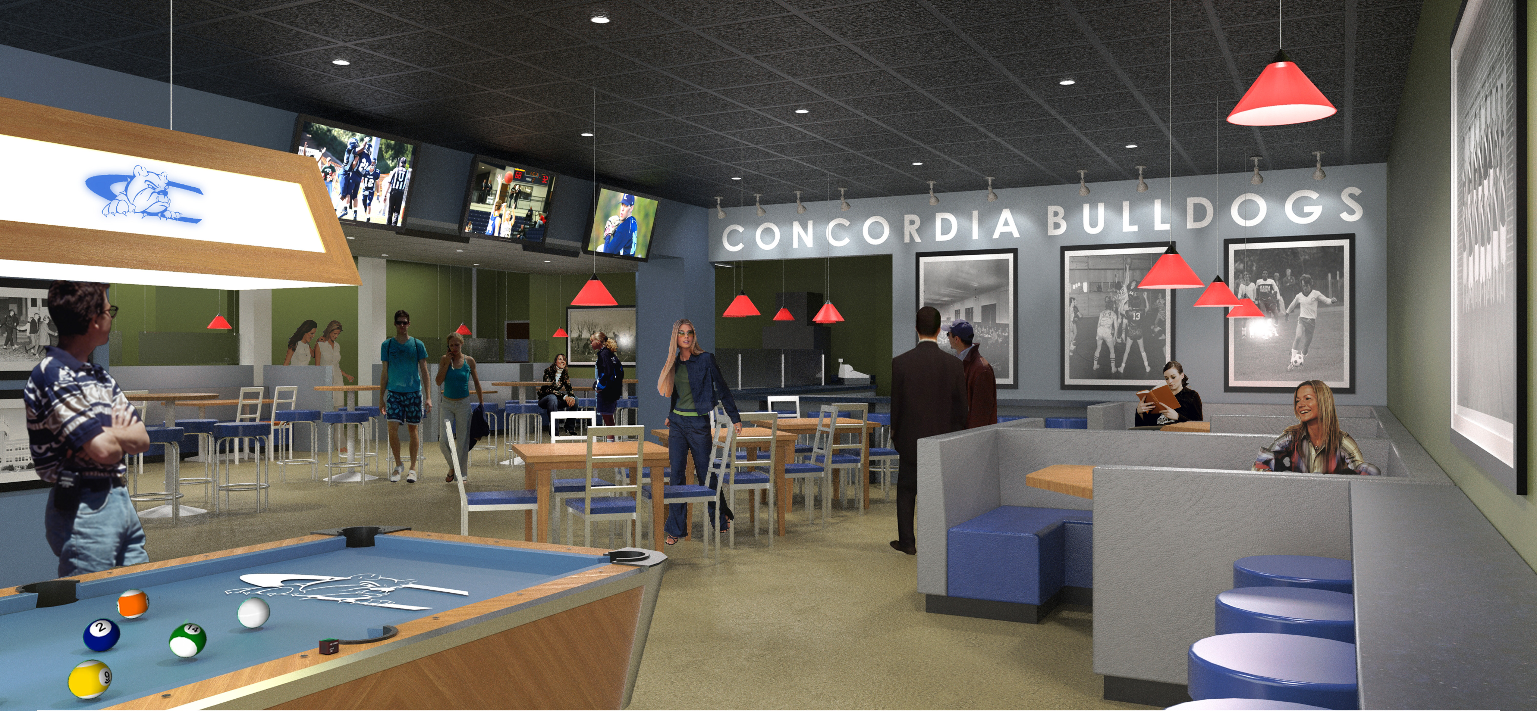The addition of a grill-style dining area, named the Dog House Grill, is a part of a $1 million renovation project underway at the Janzow Campus Center at Concordia University, Nebraska as shown in this 3-D rendering. The addition of a grill-style dining area, named the Dog House Grill, is a part of a $1 million renovation project underway at the Janzow Campus Center at Concordia University, Nebraska as shown in this 3-D rendering.