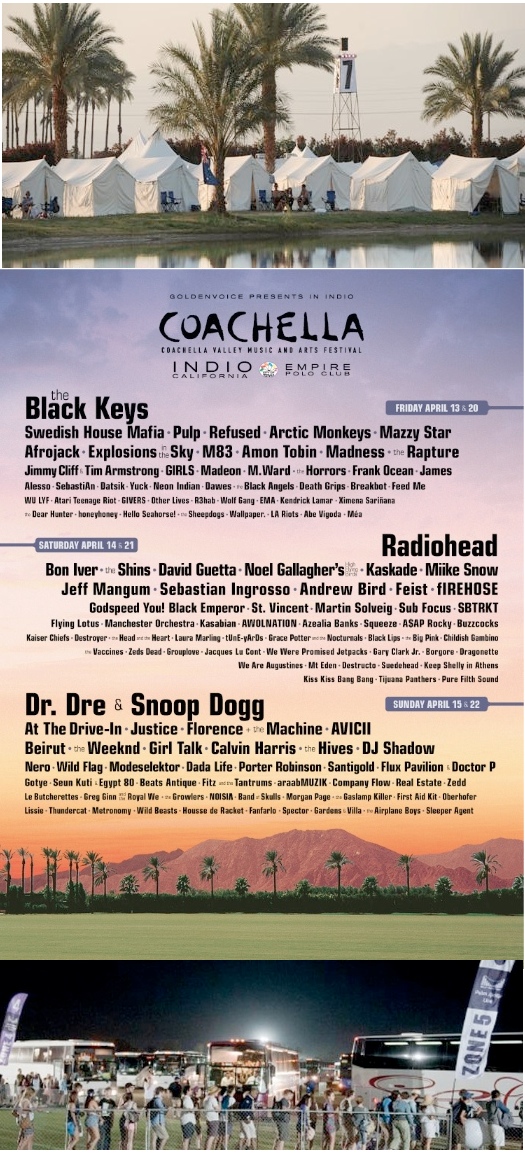 The Coachella Music Festival happens in the desert setting of the Coachella Valley for two consecutive weekends - April 13-15 and April 20-22. The Coachella Music Festival happens in the desert setting of the Coachella Valley for two consecutive weekends - April 13-15 and April 20-22.