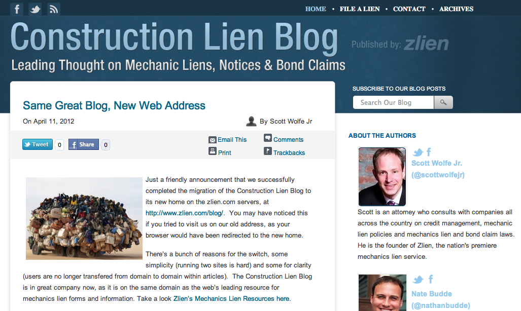 Screenshot of the web's leading Mechanics Lien blog, the Construction Lien Blog, published by Zlien. Screenshot of the web's leading Mechanics Lien blog, the Construction Lien Blog, published by Zlien.