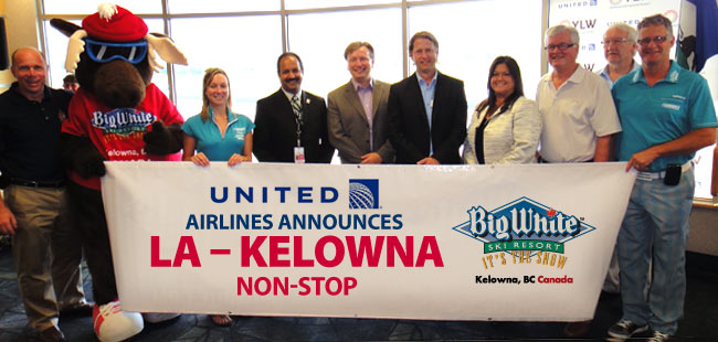 Big White's Loose Moose along with Director of Sales; Jim Loyd, and Guest Services Manager; Emily Oxley are pictured with Kelowna's Mayor; Walter Gray, United Airlines representative; Julie Gordon and other Kelowna dignitaries as the announcement of the new non-stop flight was made. Big White's Loose Moose along with Director of Sales; Jim Loyd, and Guest Services Manager; Emily Oxley are pictured with Kelowna's Mayor; Walter Gray, United Airlines representative; Julie Gordon and other Kelowna dignitaries as the announcement of the new non-stop flight was made.