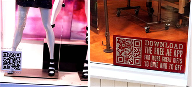 Front window decal at Express (left) and American Eagle invites shoppers and passer-bys to download an app to their smartphone. Front window decal at Express (left) and American Eagle invites shoppers and passer-bys to download an app to their smartphone.
