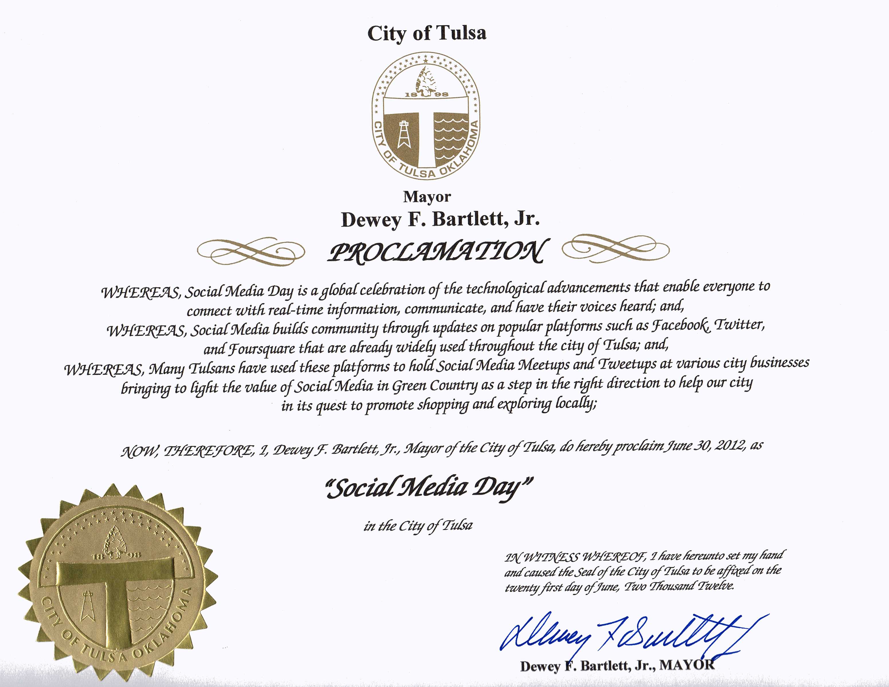 Tulsa Proclaims June 30 Social Media Day. Image of Proclamation Tulsa Proclaims June 30 Social Media Day. Image of Proclamation