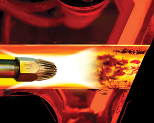 EXAIR's new 1 NPT Stainless Steel Super Air Nozzle blows slag from a hot steel billet. EXAIR's new 1 NPT Stainless Steel Super Air Nozzle blows slag from a hot steel billet.