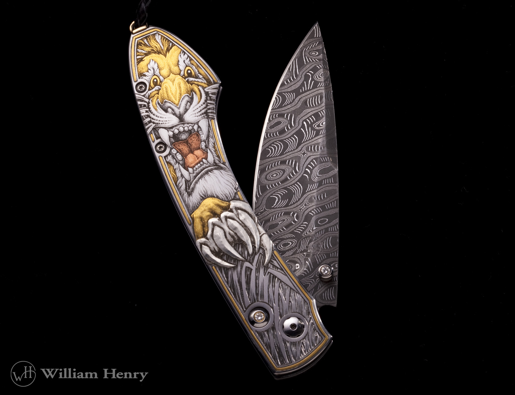 Unique edition, gold engraved pocketknife, with damascus blade and diamonds. Unique edition, gold engraved pocketknife, with damascus blade and diamonds.