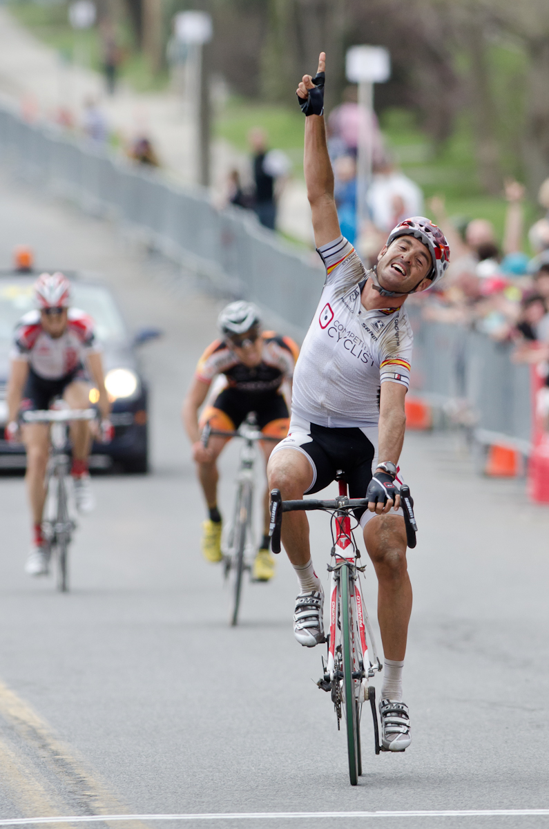 Competitive Cyclist Racing Team captain Francisco "Paco" Mancebo throwing his hand in the air after crossing the finish to win the eighth annual Tour of the Battenkill. Photo credit: Darrell Parks. Competitive Cyclist Racing Team captain Francisco "Paco" Mancebo throwing his hand in the air after crossing the finish to win the eighth annual Tour of the Battenkill. Photo credit: Darrell Parks.