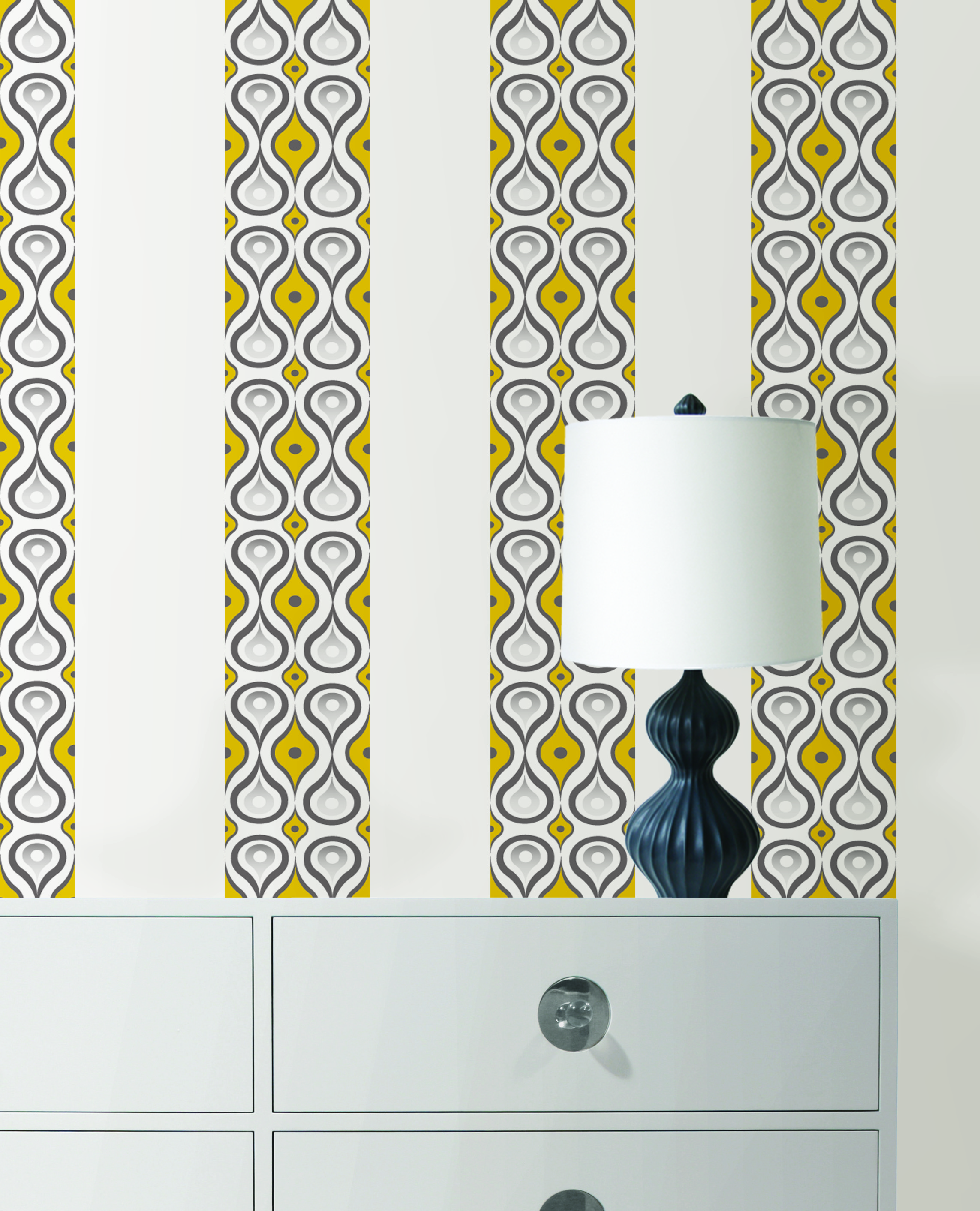 Decorative hardware seen on dresser. Also featuring WallPops by Jonathan Adler Aztec Diamond Stripes on wall. Approx. $17.99 per pack. Decorative hardware seen on dresser. Also featuring WallPops by Jonathan Adler Aztec Diamond Stripes on wall. Approx. $17.99 per pack.