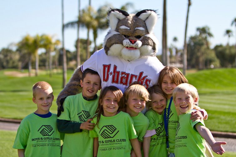 Arizona Diamondback mascot Baxter poses with kids from the Boys & Girls Club of Greater Scottsdale who benefited from the Marc Grace Celebrity Invitational on February 9 and 10. Arizona Diamondback mascot Baxter poses with kids from the Boys & Girls Club of Greater Scottsdale who benefited from the Marc Grace Celebrity Invitational on February 9 and 10.